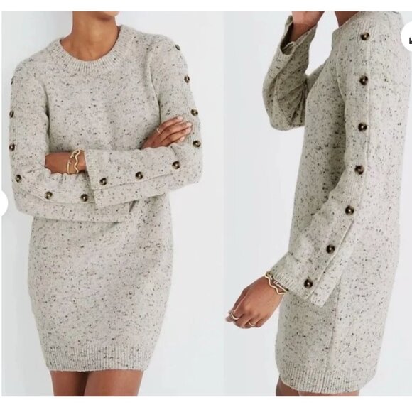 Madewell Dresses & Skirts - Madewell XS Button Sleeve Sweater Dress Cream Speckled Wool Blend Long Sleeve